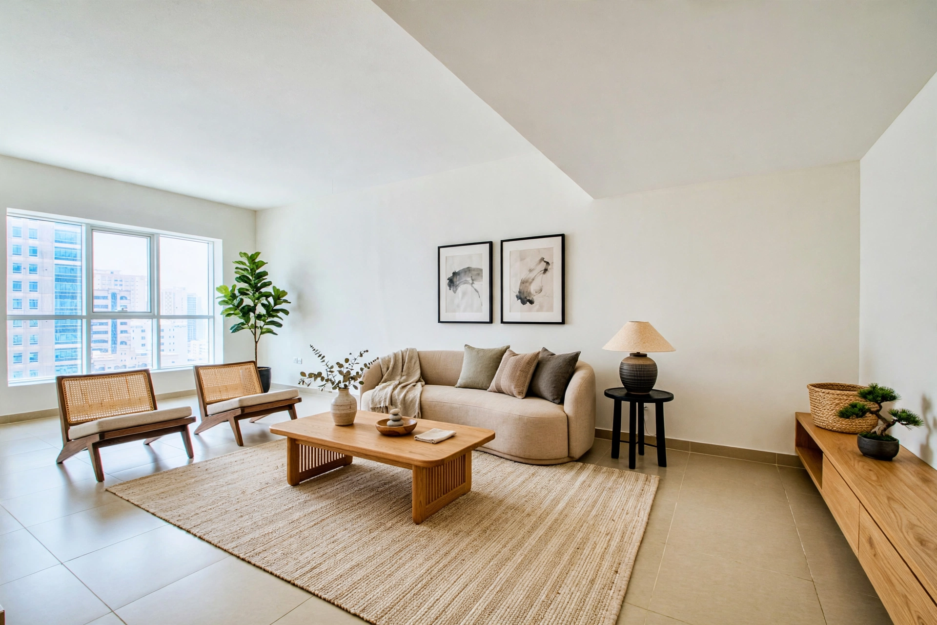 Virtually staged mid century modern living room
