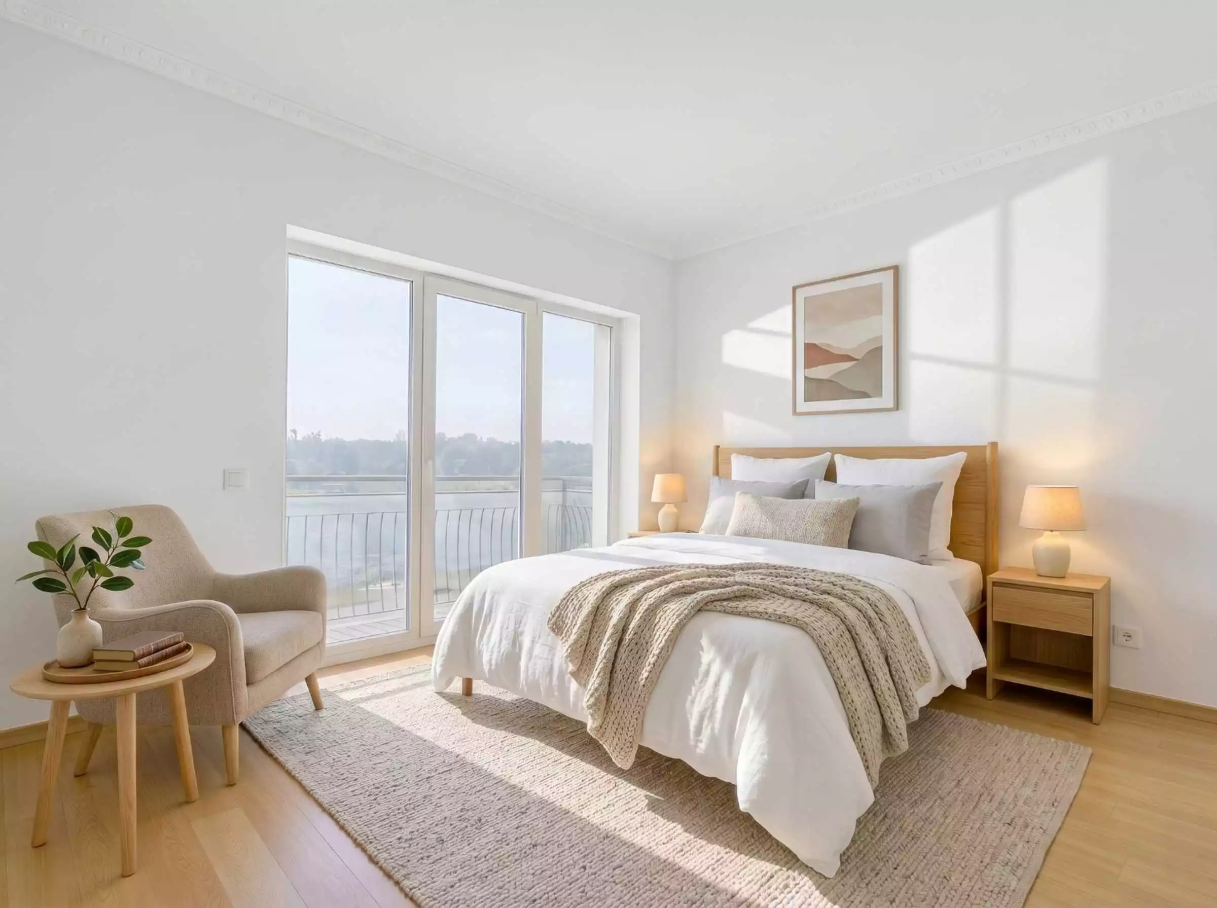 Virtually staged modern bedroom with balcony