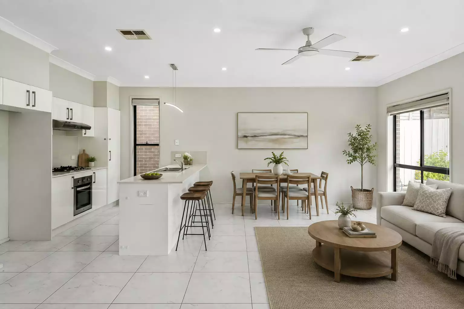 Virtually staged modern open plan living room and kitchen