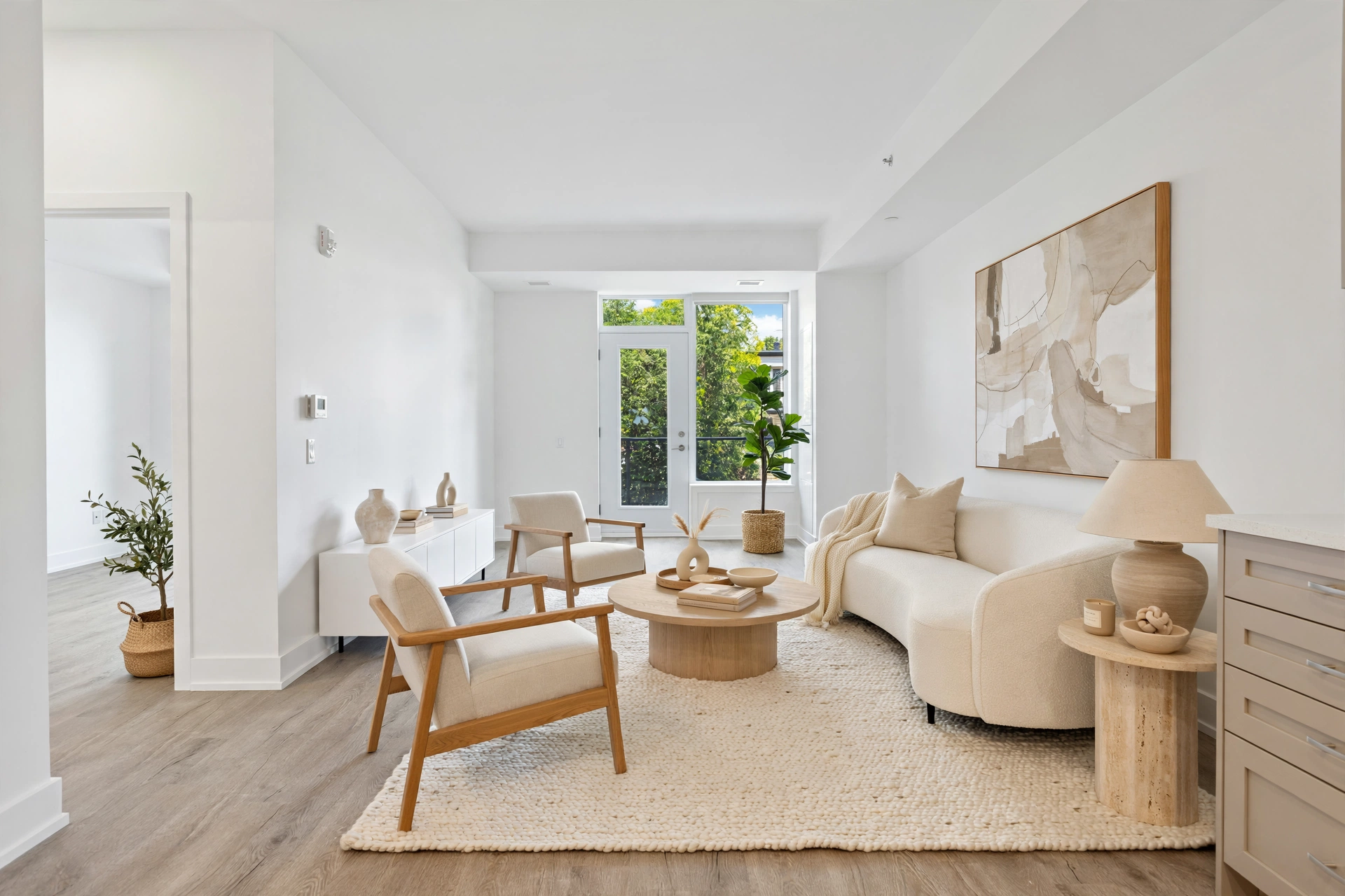 Virtually staged modern organic living room