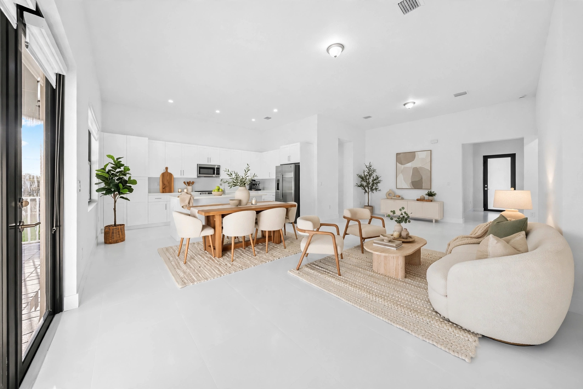 Virtually staged open concept kitchen and living room