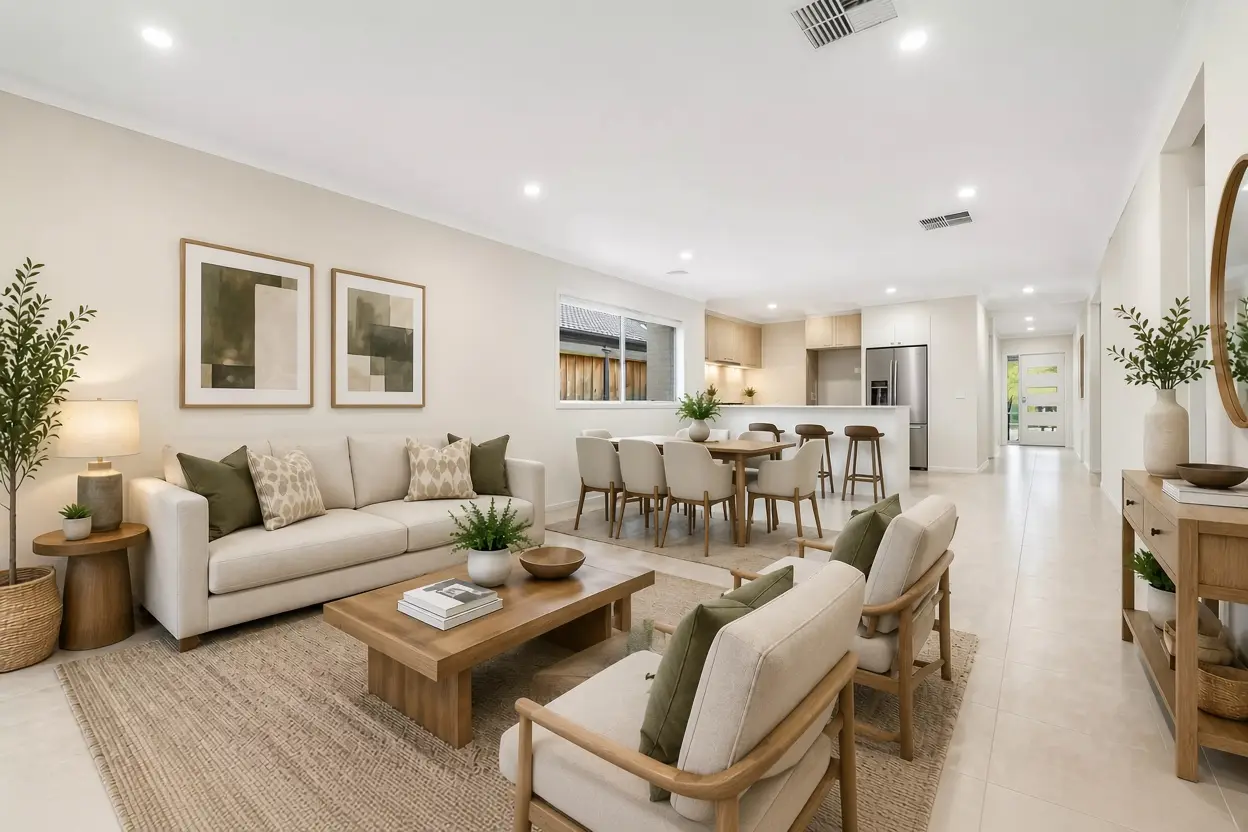 Virtually staged open concept living and dining room