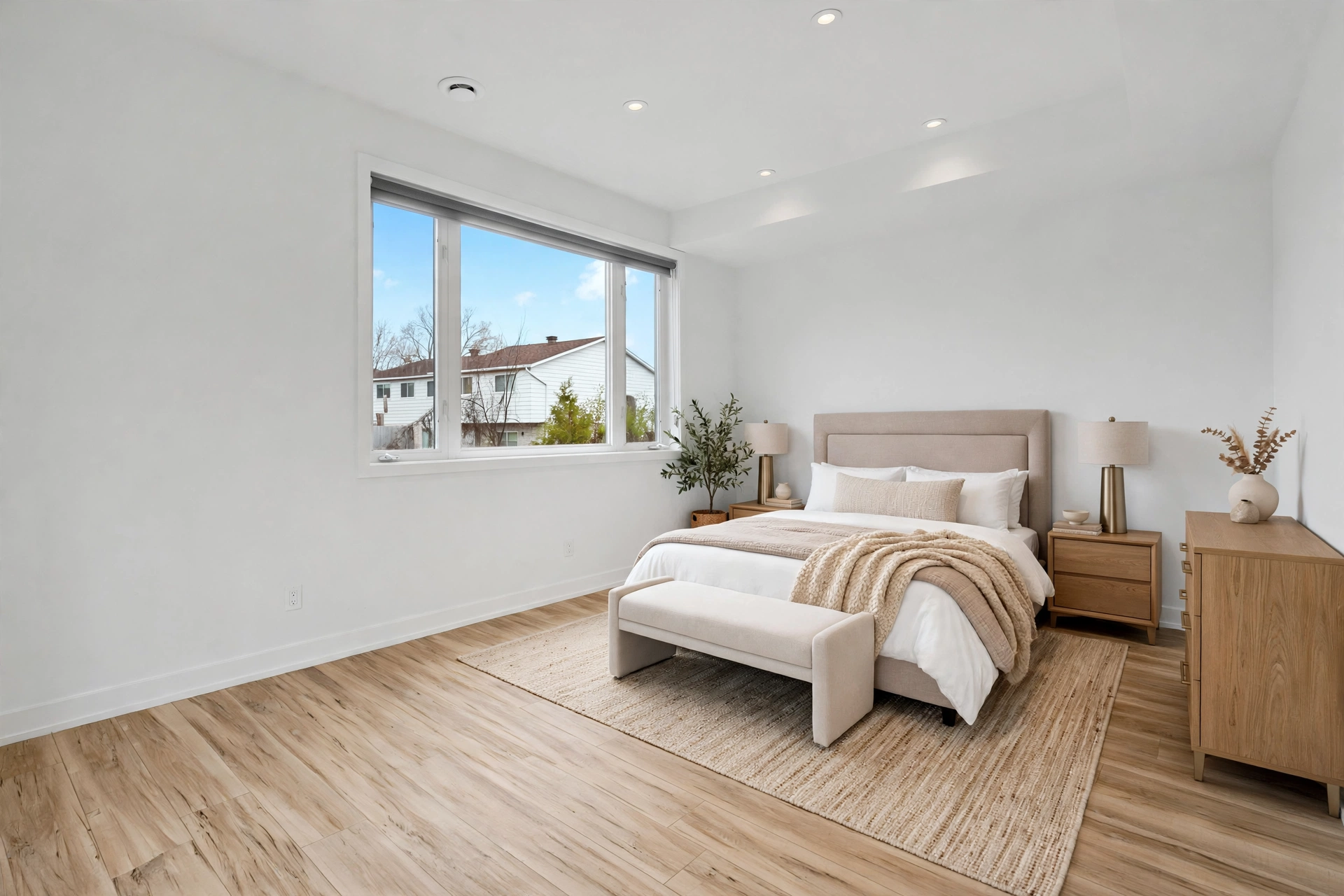 Virtually staged warm contemporary primary bedroom